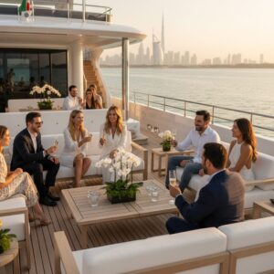 A luxurious superyacht hosting an elegant event in Dubai, illustrating the guide on how to choose the perfect yacht size for your event.