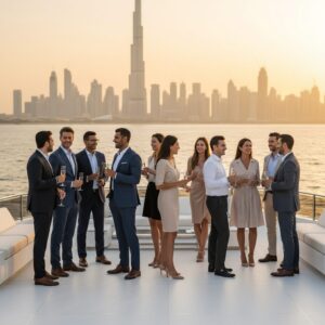 A group of professionals networking on a luxury yacht in Dubai for a corporate event, illustrating the article The Ultimate Corporate Yacht Event Planning Checklist for UAE Businesses.