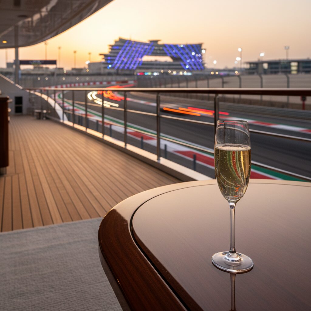 A luxurious view from a superyacht deck overlooking the Yas Marina Circuit during the F1 Abu Dhabi Grand Prix, representing the ultimate race weekend experience.