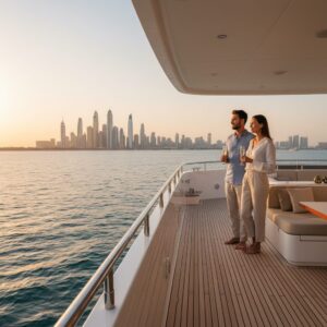 A luxury superyacht cruising the Arabian Gulf during a seamless 7-day UAE itinerary from Dubai to Abu Dhabi.
