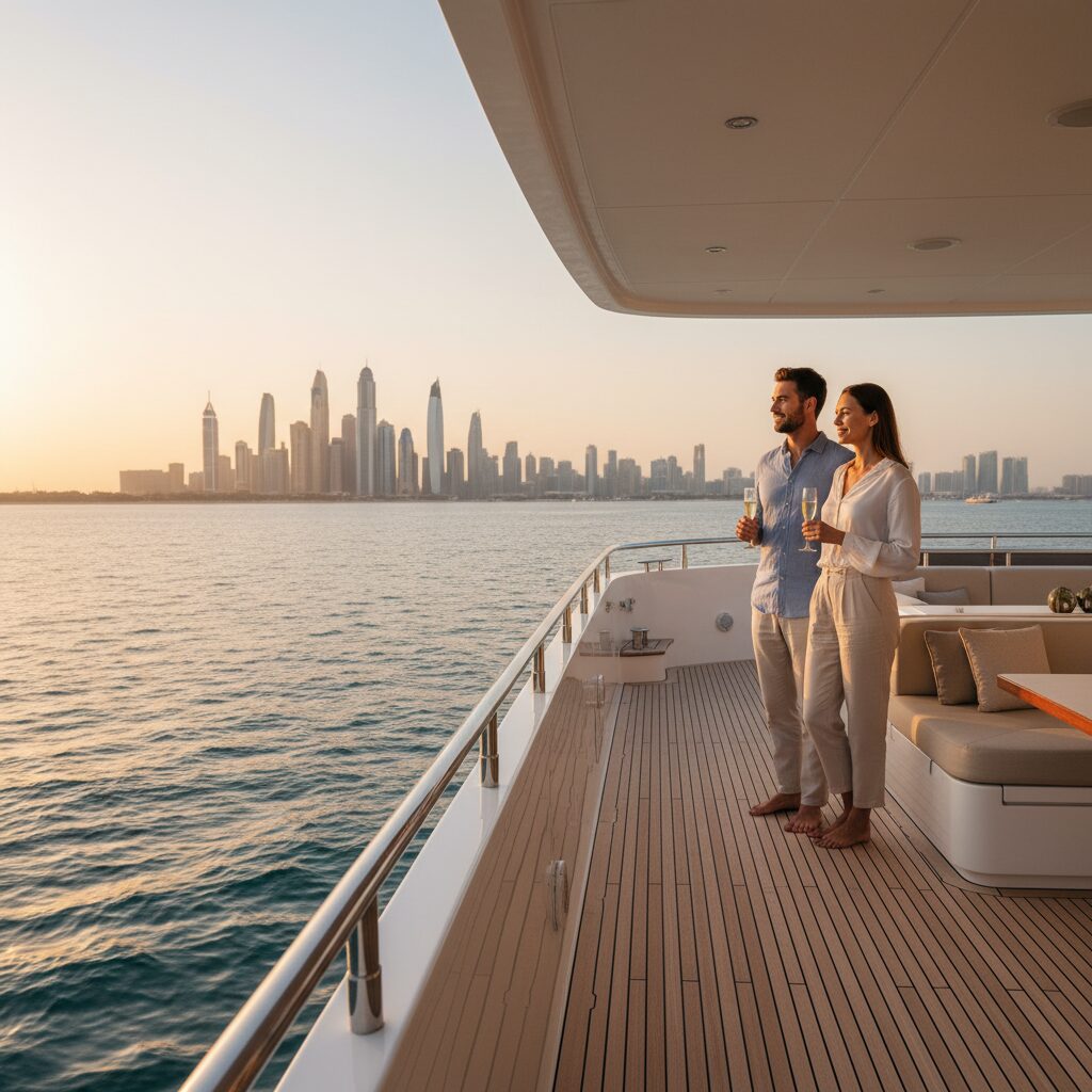 A luxury superyacht cruising the Arabian Gulf during a seamless 7-day UAE itinerary from Dubai to Abu Dhabi.