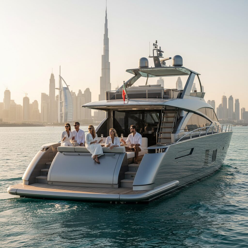A luxurious private yacht cruising near the Dubai skyline, representing the experience described in Yacht Rental Prices in Dubai & Abu Dhabi 2026: Rates & Event Costs.