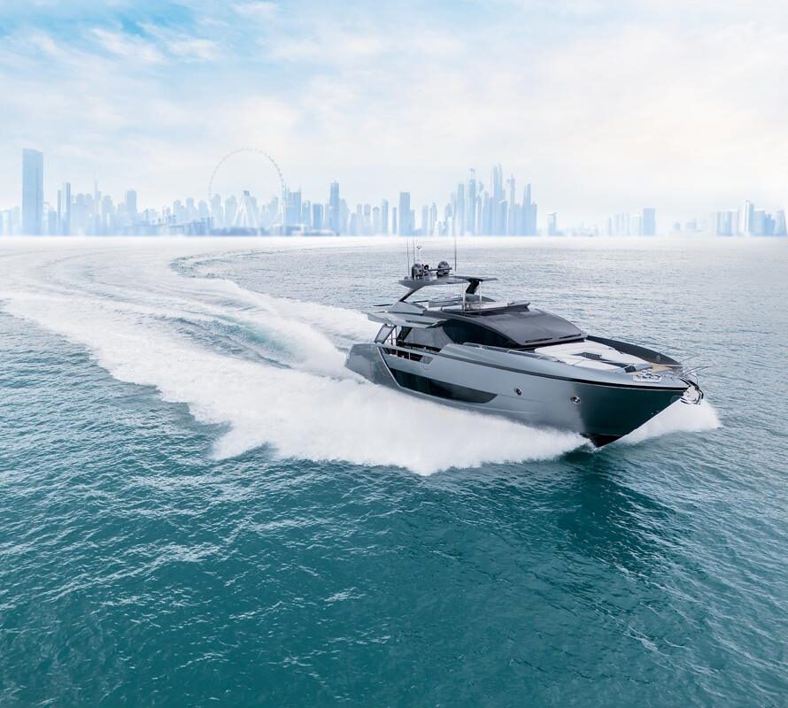 Diva 83ft Riva yacht – exterior running shot, Dubai Diva 83ft Riva yacht cruising off Dubai, full exterior