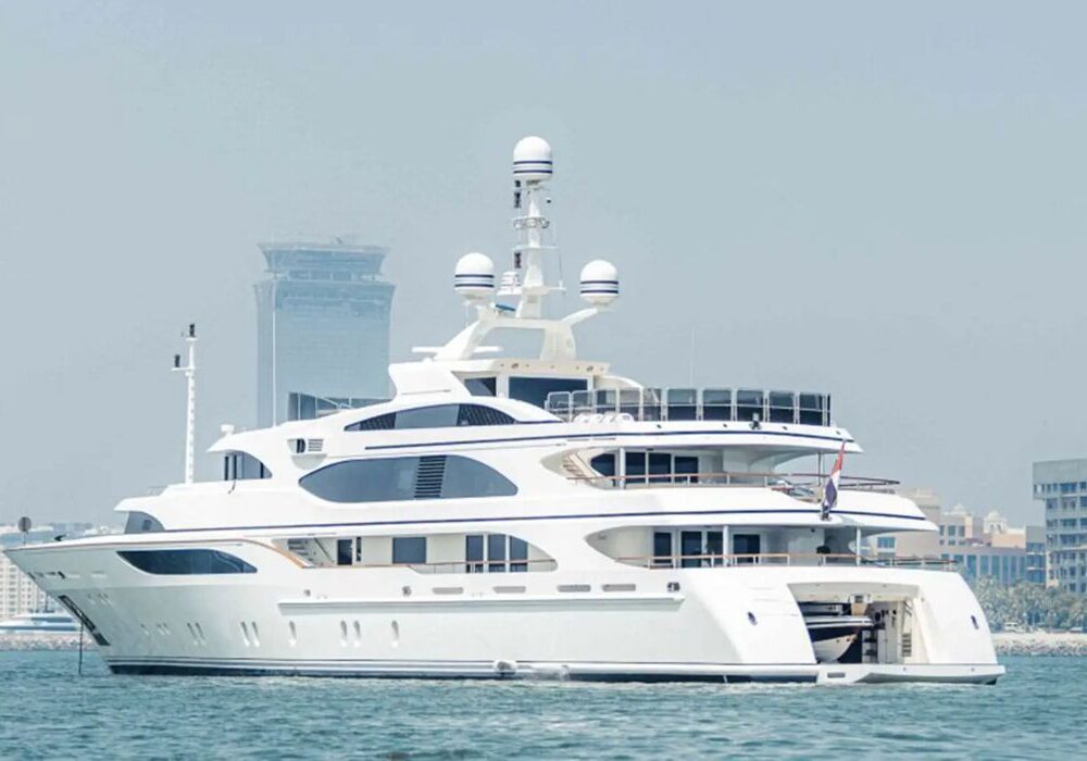 Zaf yacht – exterior with Dubai skyline Zaf Benetti yacht cruising with Dubai skyline backdrop
