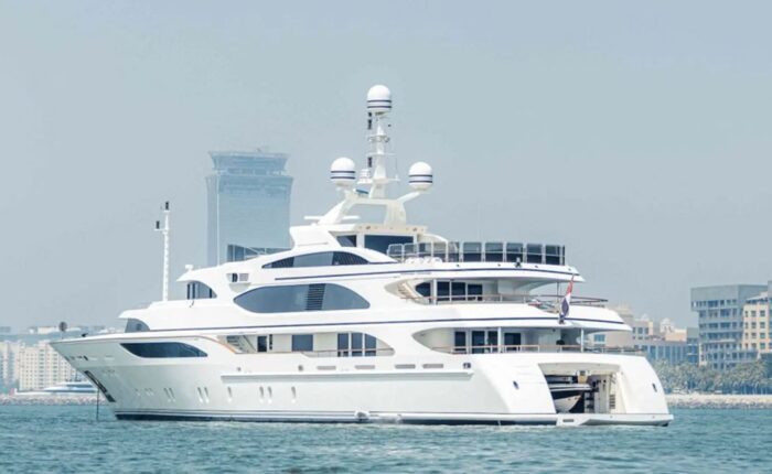 Zaf Benetti yacht cruising with Dubai skyline backdrop
