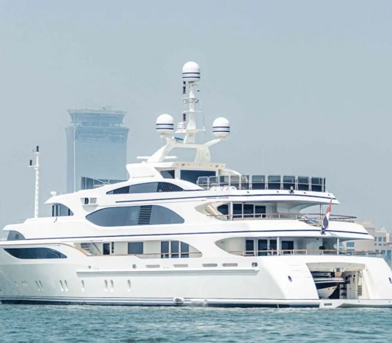 Zaf Benetti yacht cruising with Dubai skyline backdrop