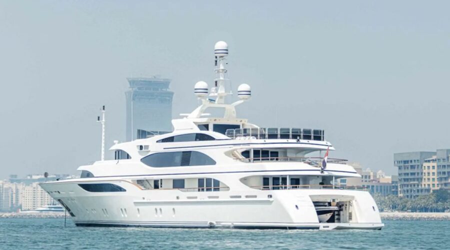 Zaf Benetti yacht cruising with Dubai skyline backdrop