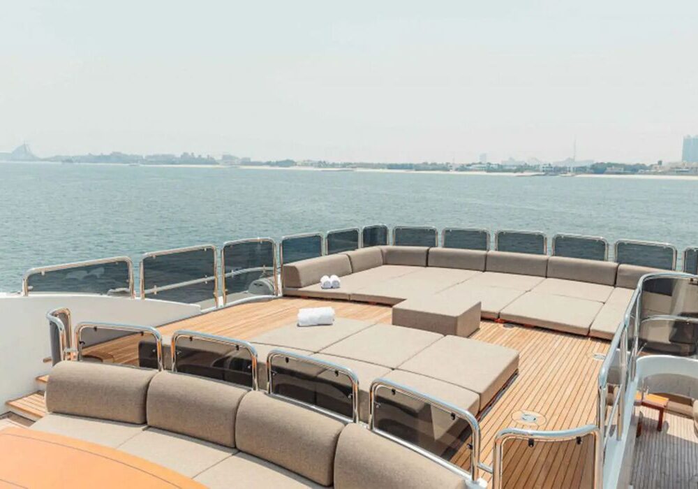 Zaf yacht – sundeck lounge Zaf yacht sundeck lounge with skyline view