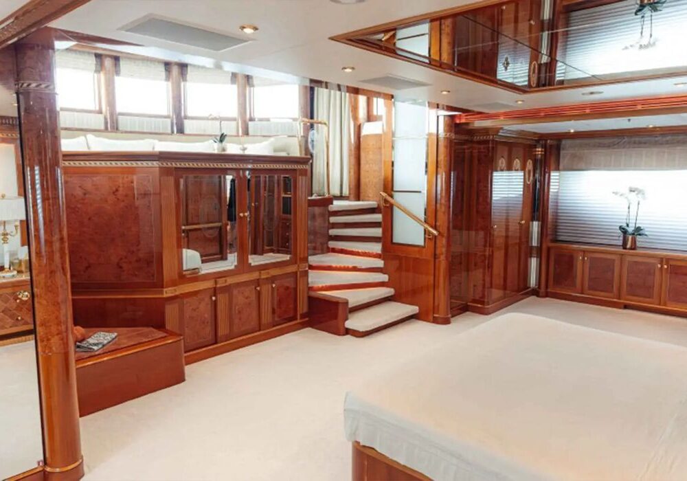 Zaf yacht – lounge and staircase Zaf yacht interior lounge with staircase