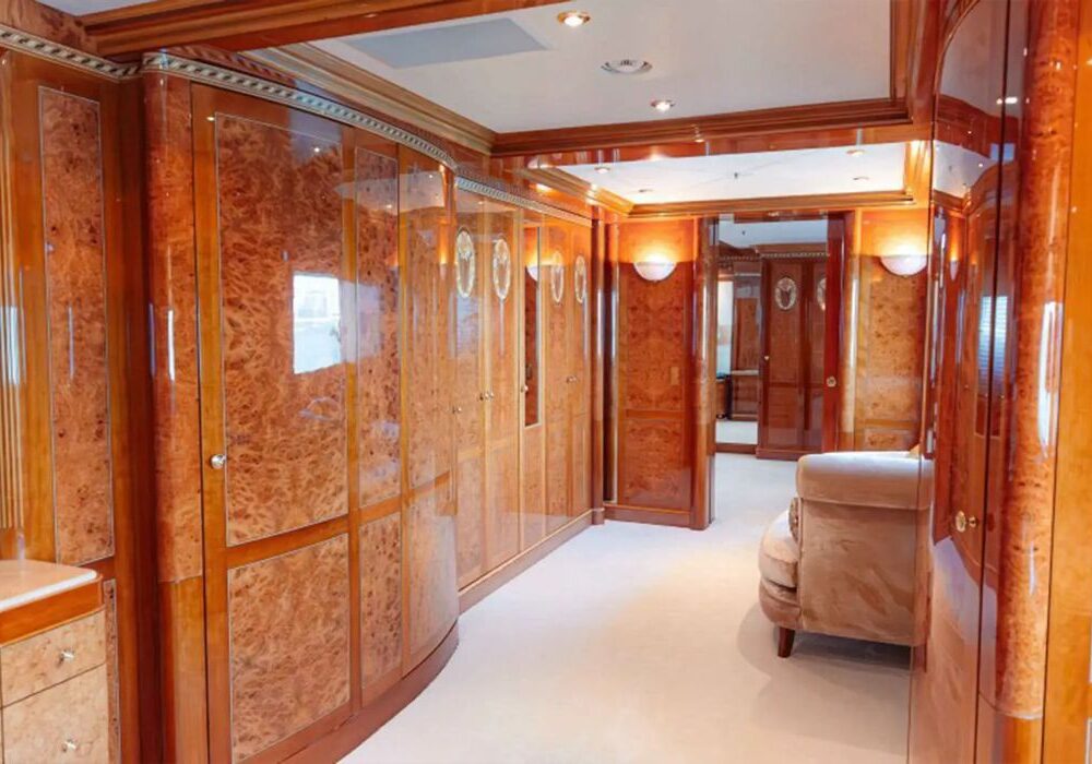 Zaf yacht – interior corridor Zaf yacht wood-paneled interior corridor