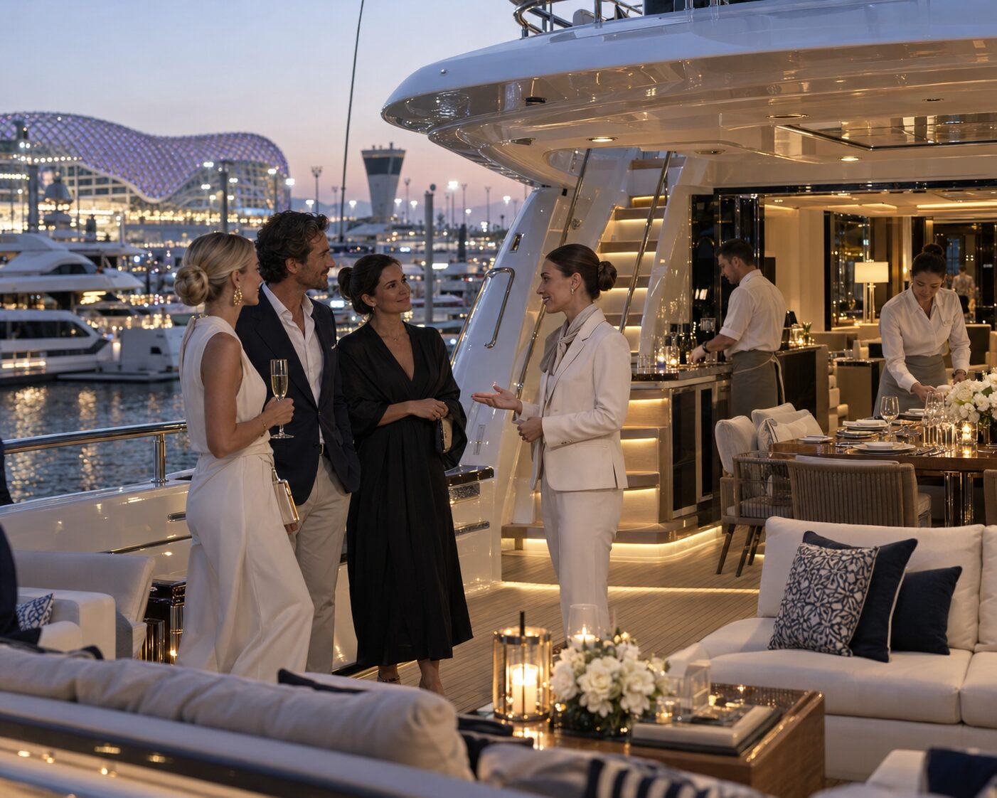 Guests aboard a luxury yacht at Yas Marina during Formula 1 weekend