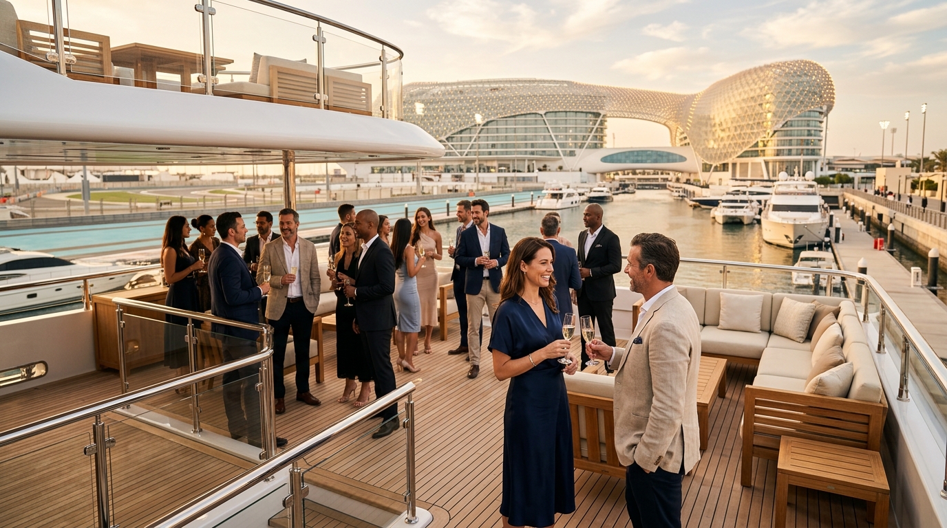 VIP corporate guests enjoying premium hospitality on a luxury yacht deck at Yas Marina for How to Choose the Right Formula 1 Yacht in Abu Dhabi for Your Group Size.
