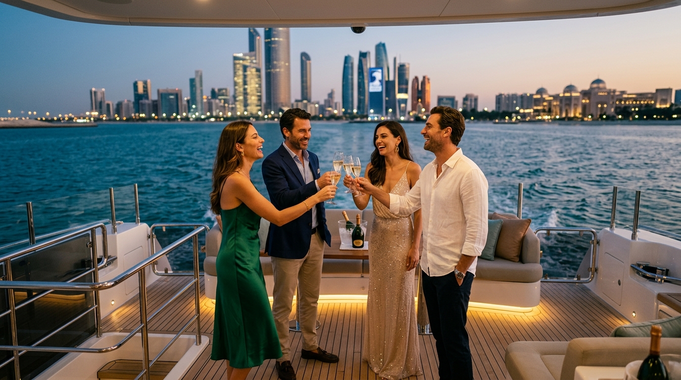 Abu Dhabi New Year yacht party — Abu Dhabi New Year Yacht Party: How to Choose the Right Yacht featuring guests toasting on a luxury yacht deck with city views.