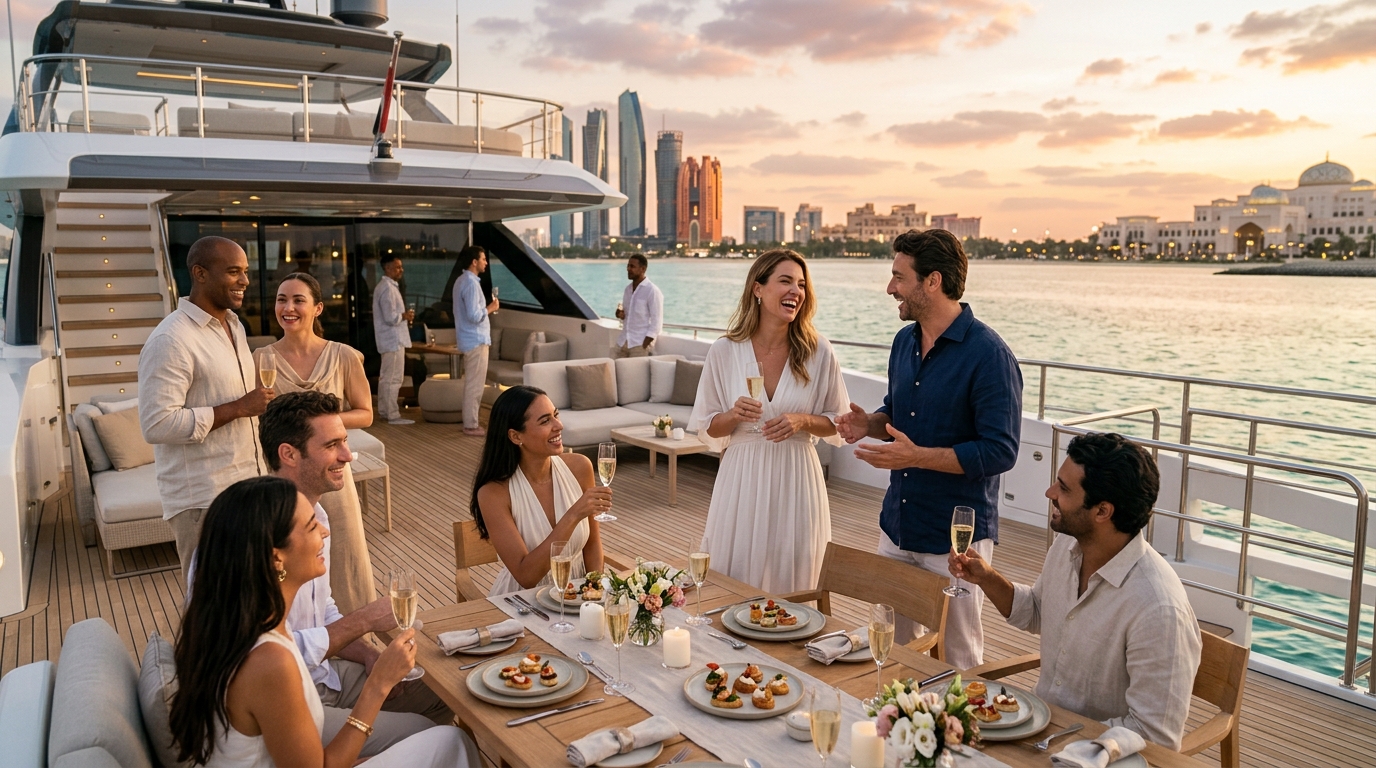 yacht party abu dhabi — Elegant guests celebrating on a luxury charter deck at sunset as featured in The Ultimate Yacht Party Abu Dhabi Guide: Guest Count, Catering & Entertainment