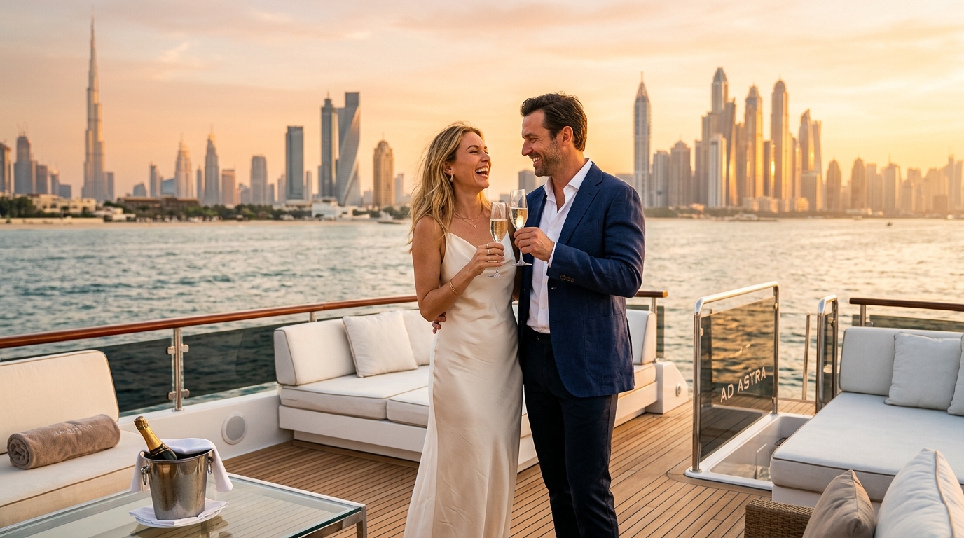 New Year yacht rental Dubai — Private luxury yacht celebration against the radiant Dubai skyline for New Year yacht rental Dubai guide