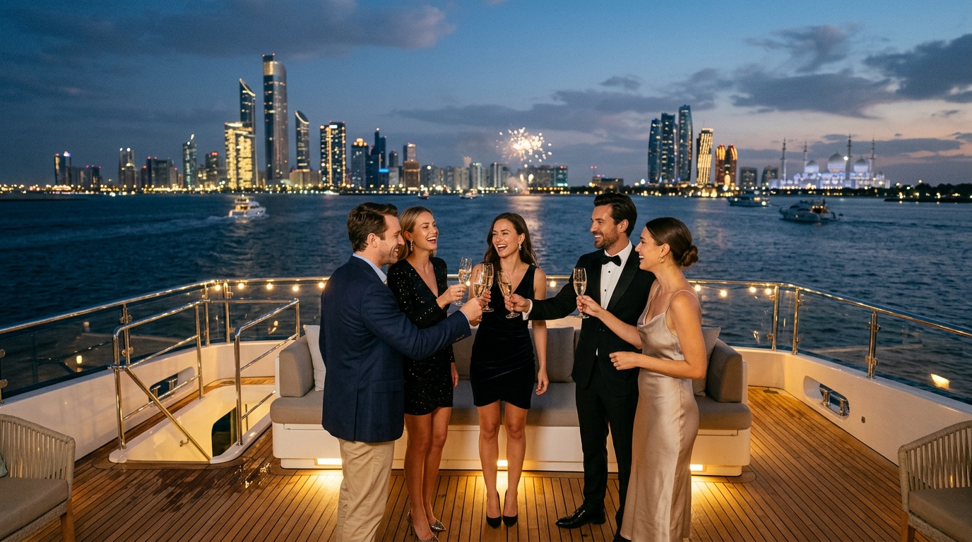 New Year’s Eve yacht charter Abu Dhabi — Guests celebrating New Year's Eve aboard a luxury private yacht charter in Abu Dhabi with skyline views for New Year’s Eve Yacht Charter Abu Dhabi 2026/2027: Fireworks and Private Party Planning