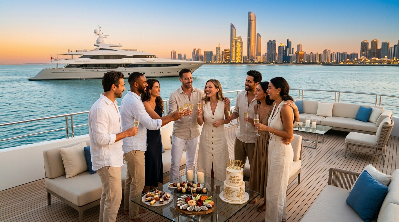 yacht rental abu dhabi — Friends enjoying an elegant sunset birthday party aboard a luxury charter yacht cruising the Arabian Gulf in Abu Dhabi.