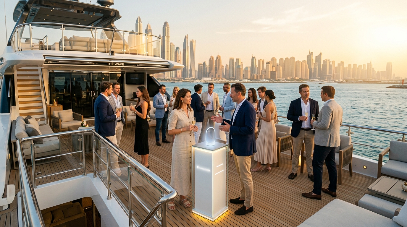 yacht charter dubai — Luxury superyacht deck setup for a corporate event in Dubai - Yacht Charter Dubai for Product Launches: Branding, Layout and Guest Flow