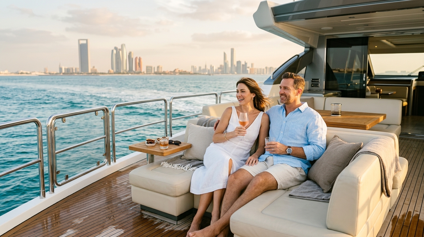 yacht rental abu dhabi — Guests enjoying a sunset voyage on a luxury deck, illustrating Yacht Rental Abu Dhabi: What to Expect on Your First Private Cruise.
